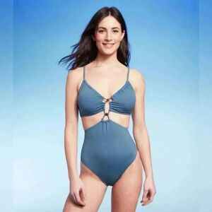 Shade & Shore Cut Out Bead Detail One Piece Swimsuit - Blue Sz S NWT